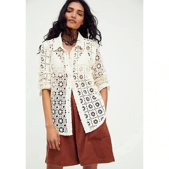 New Free People FP One Yesenia Shacket Crochet Lace Long Sleeve Button Down - Picture 3 of 13